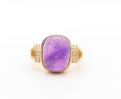 925 Sterling Silver Vintage Ring Gold Plated Cabochon Amethyst & CZ Sz 7 RG30803