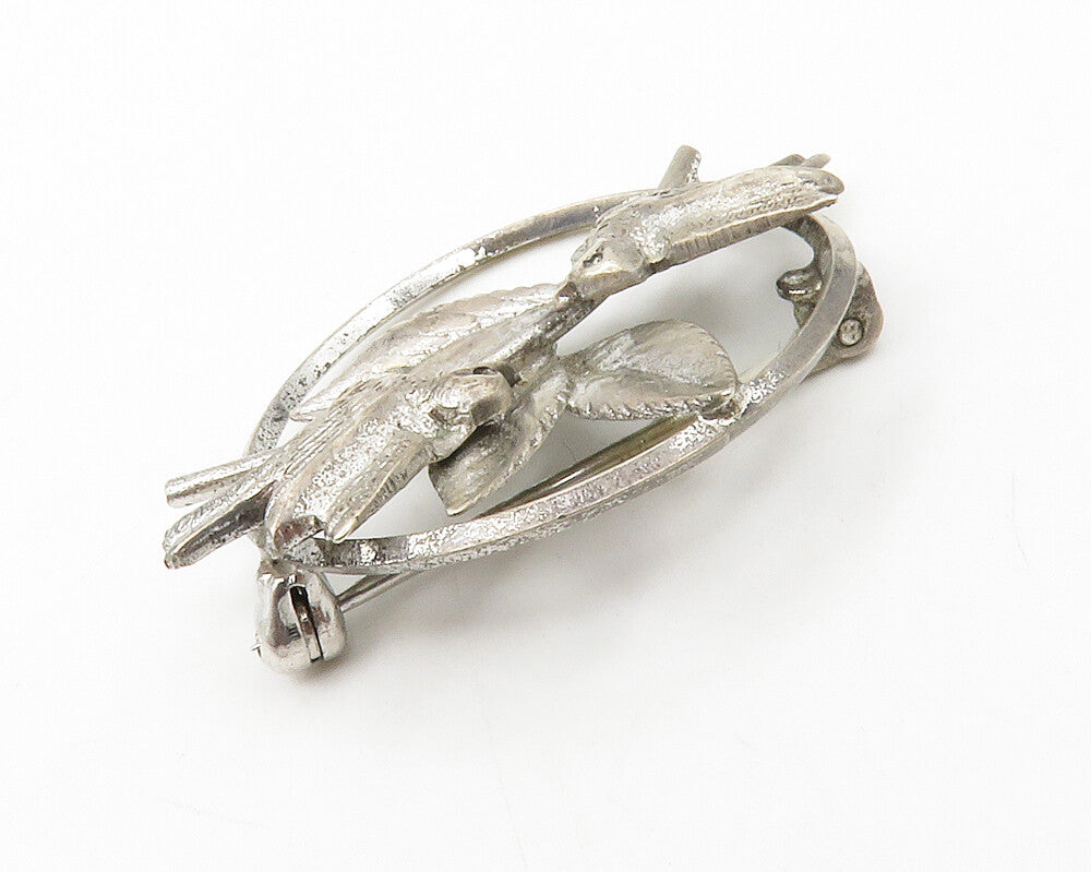 CARL ART 925 Silver  Vintage Perched Love Birds Floral Motif Brooch Pin BP5290