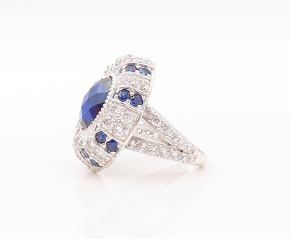 925 Sterling Silver Vintage Ring Designer Oval Sapphire & CZ Inlay Sz 7  RG30783
