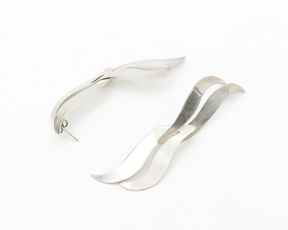 DESIGNER 925 Silver  Vintage Shiny Ribbons Smooth Dangle Earrings  EG9757