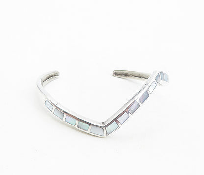 SOUTHWESTERN ZUNI 925 Silver Vintage Mother Of Pearl Cuff Bracelet BT3898