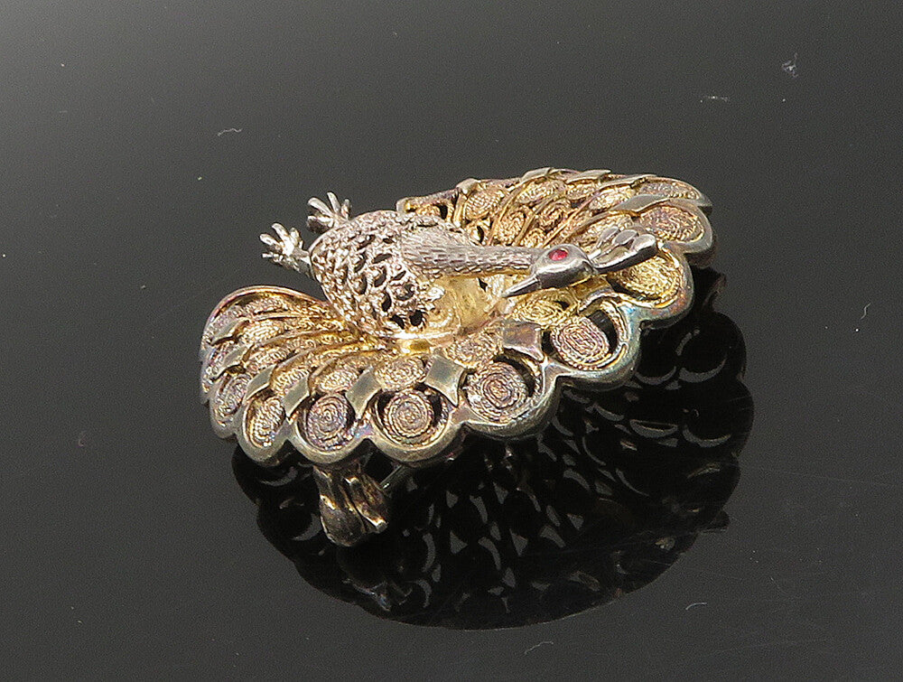 VAN LOU GERMANY 925 Silver  Vintage Ruby Peacock Filigree Brooch Pin  BP9320