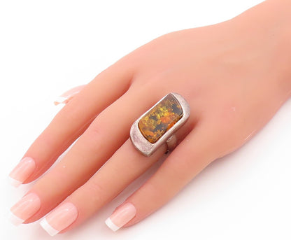 925 Sterling Silver Vintage Ring POLAND Designer Honey Amber  Sz 10  RG32780