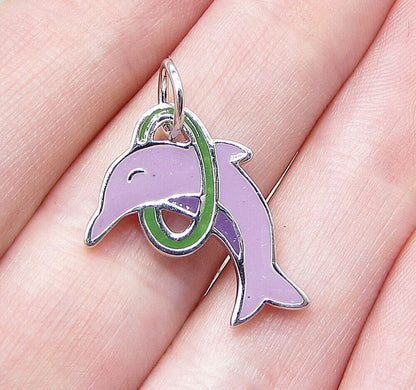925 Sterling Silver Enamel Hoop Jumping Dolphin Charm Pendant PT1441