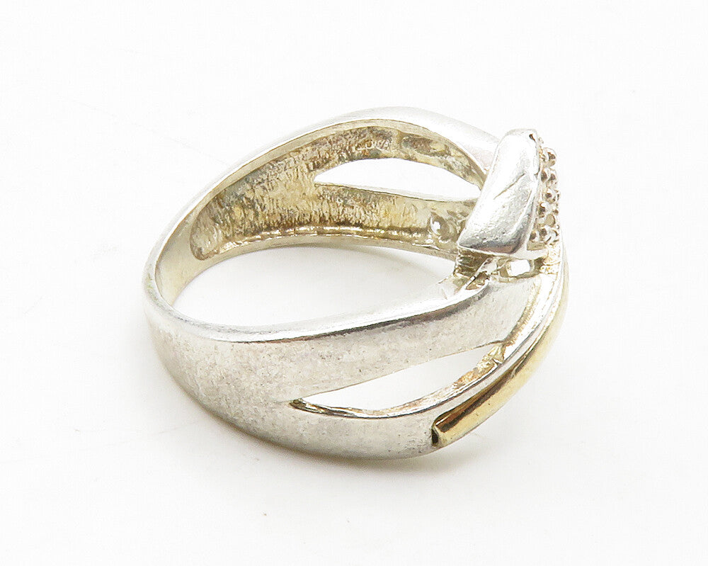 925 Silver & 14K GOLD  Vintage Topaz Shiny Ribbon Split Band Ring Sz 7 RG13758