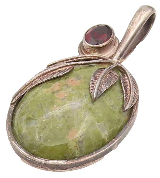 SAJEN 925 Silver  Vintage Oval Jasper With leaves & Garnet Pendant  PT22170