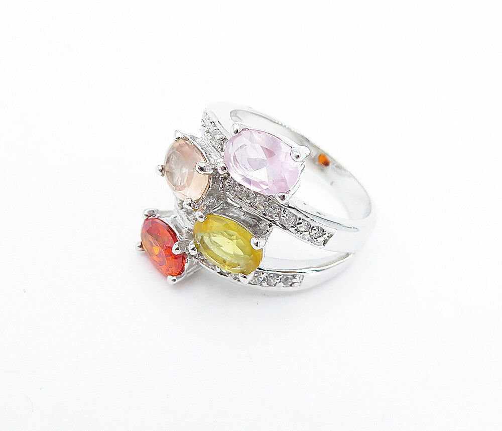 925 Sterling Silver Multi Color Topaz Bypass Design Band Ring Sz 7 RG6065