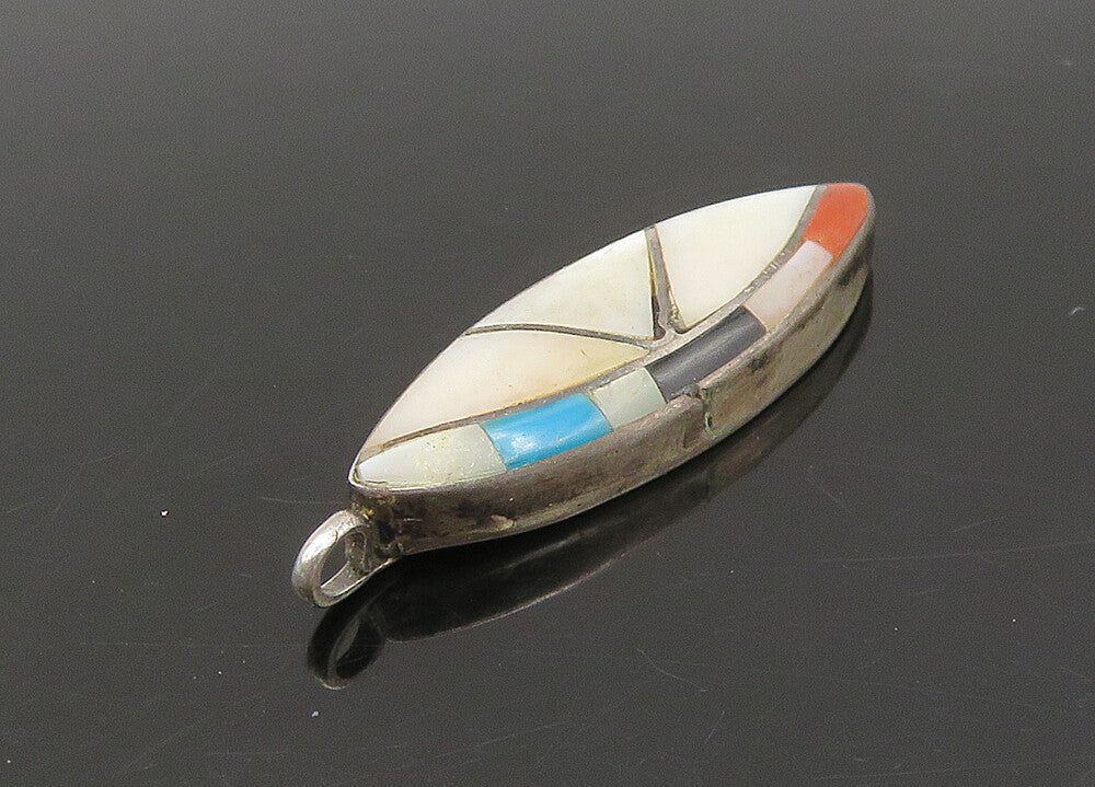 SOUTHWESTERN 925 Silver Vintage Mother Of Pearl & Multi Stone Pendant PT19490