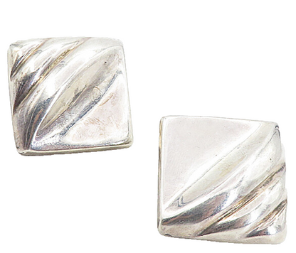 925 Sterling Silver  Vintage Shiny Fluted Detail Square Drop Earrings  EG4045