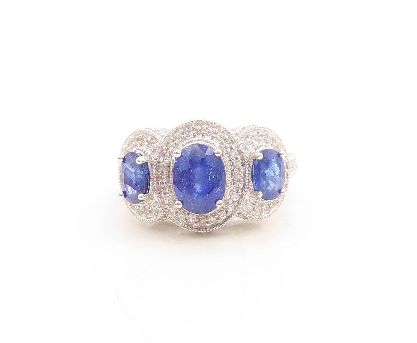 925 Sterling Silver Vintage Ring Oval Cut Sapphire Halo CZ Inlay  Sz 7  RG29887