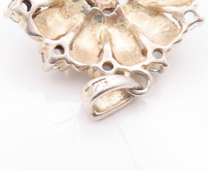 925 Sterling Silver Vintage Pendant Floral Carved Blue CZ Inlay  PT23299