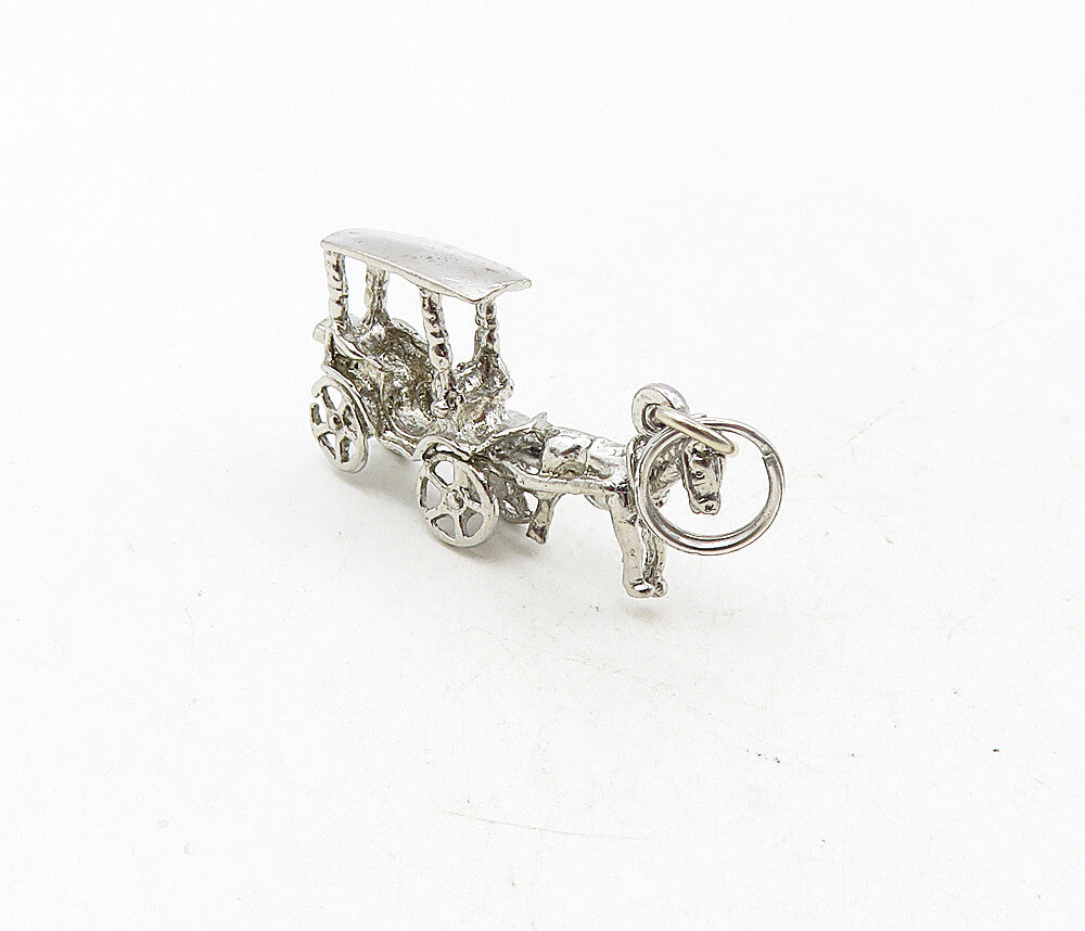 925 Sterling Silver  Vintage Shiny Horse & Carriage Motif Drop Pendant  PT6986