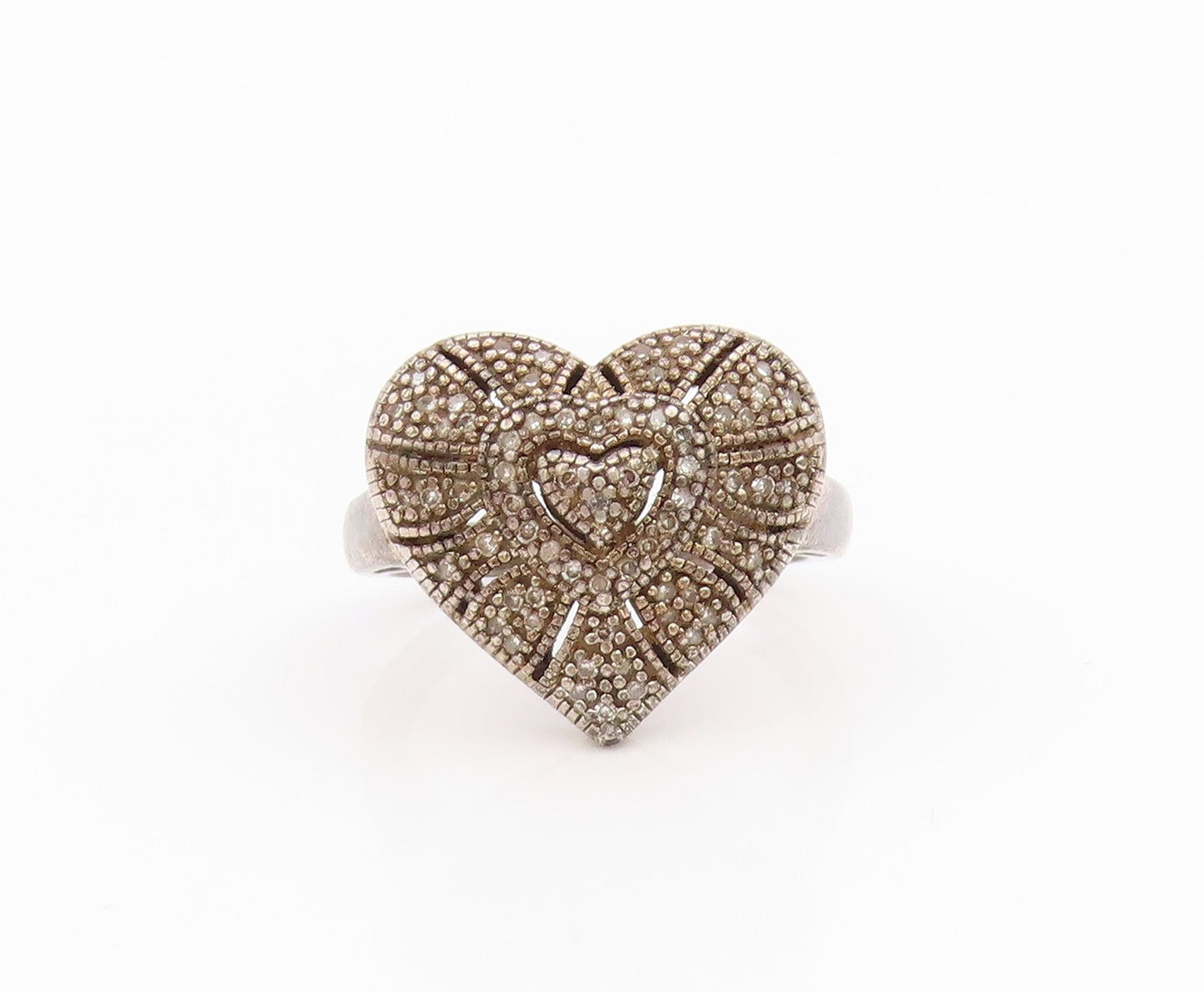 925 Sterling Silver Vintage Ring Designer Diamonds Inlay Heart  Sz 7  RG33231