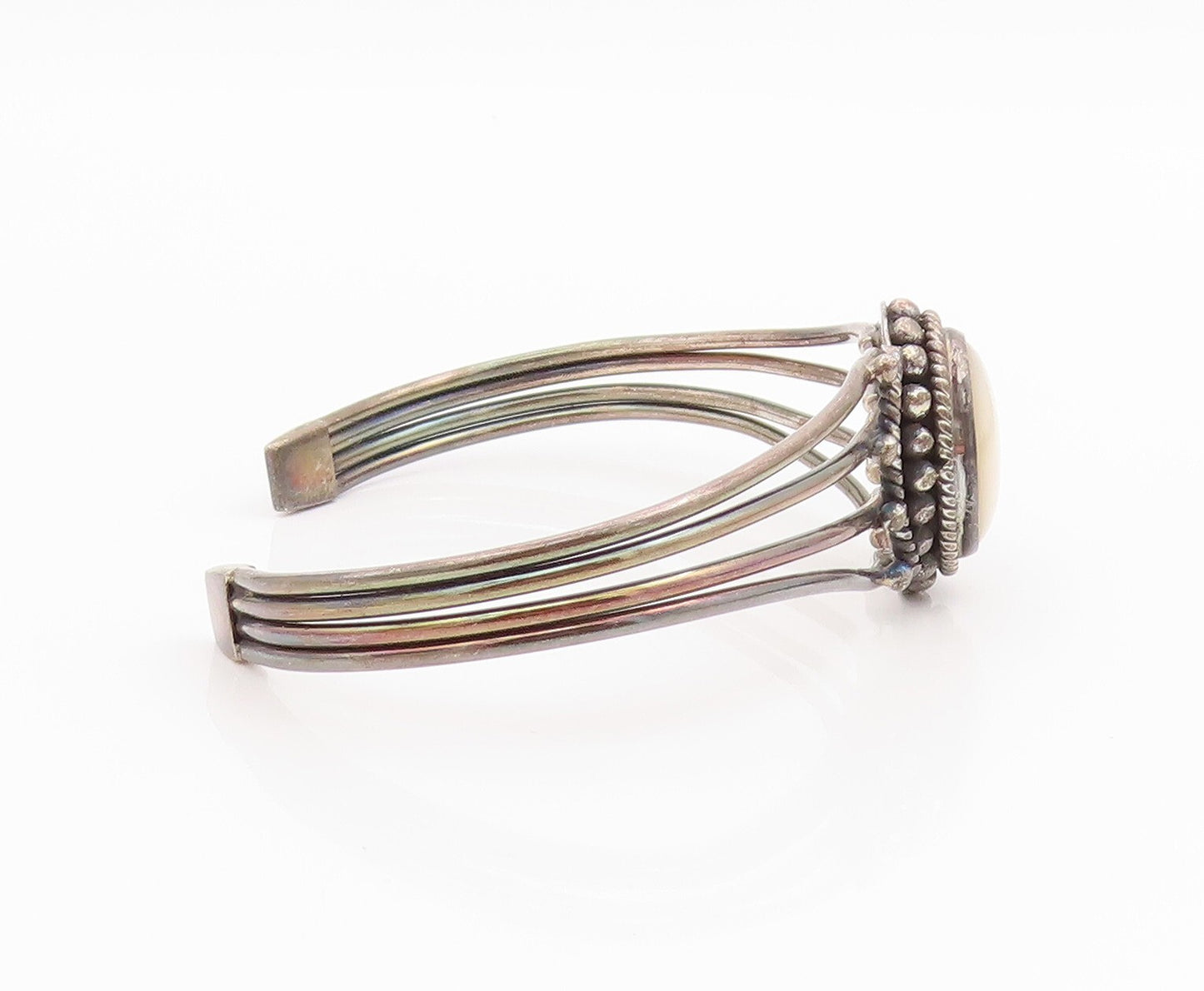 925 Sterling Silver Vintage Bracelet BALI Oval Mother Of Pearls Cuff  BT10998