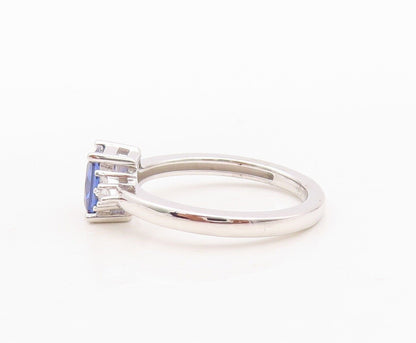 925 Sterling Silver Vintage Ring Rectangle Cut Sapphire Beaded CZ  Sz 7  RG29985