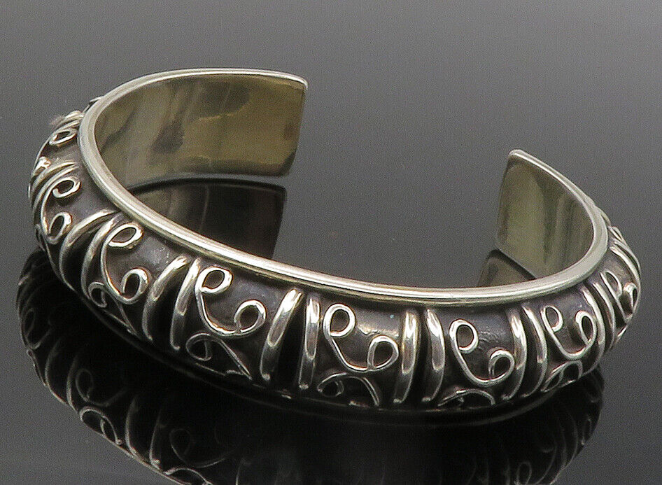 925 Sterling Silver - Vintage Shiny Swirl Pattern Dome Cuff Bracelet - BT5433