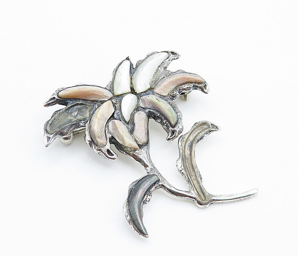MMA 925 Sterling Silver  Vintage Mother Of Pearl Flower Brooch Pin  BP2828