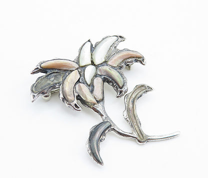 MMA 925 Sterling Silver  Vintage Mother Of Pearl Flower Brooch Pin  BP2828