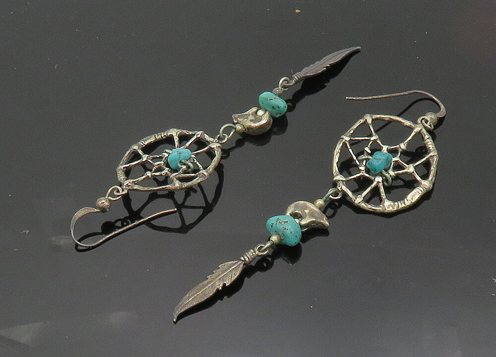 NAVAJO 925 Silver  Vintage Turquoise Dream Catcher Dangle Earrings  EG10366