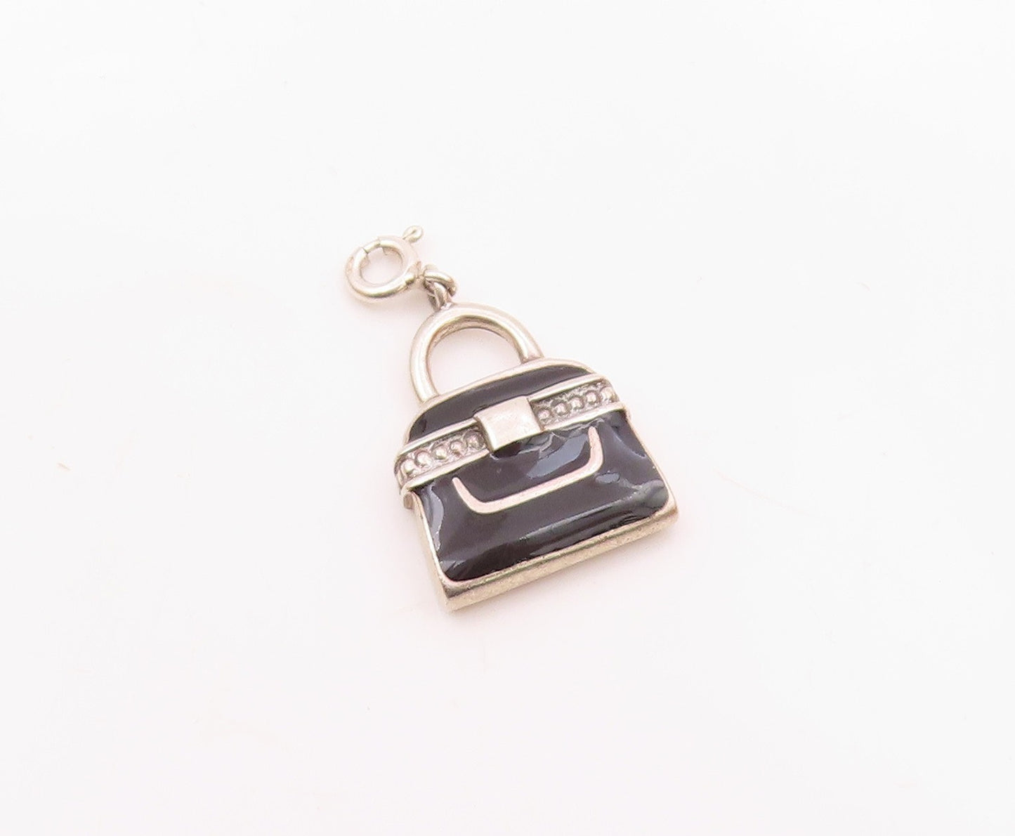 925 Sterling Silver  Vintage Black Enamel Tote Purse Charm Pendant  PT20343