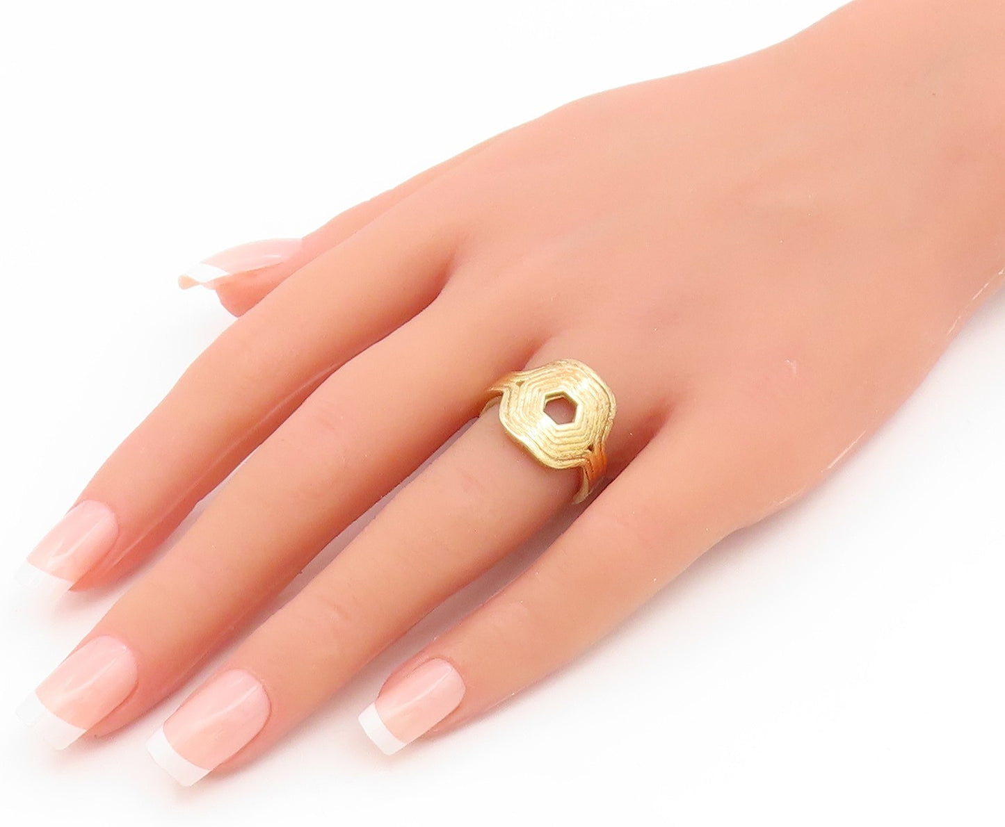 925 Sterling Silver Vintage Ring Gold Plated Geometric Hexagon Band Sz 7 RG35209