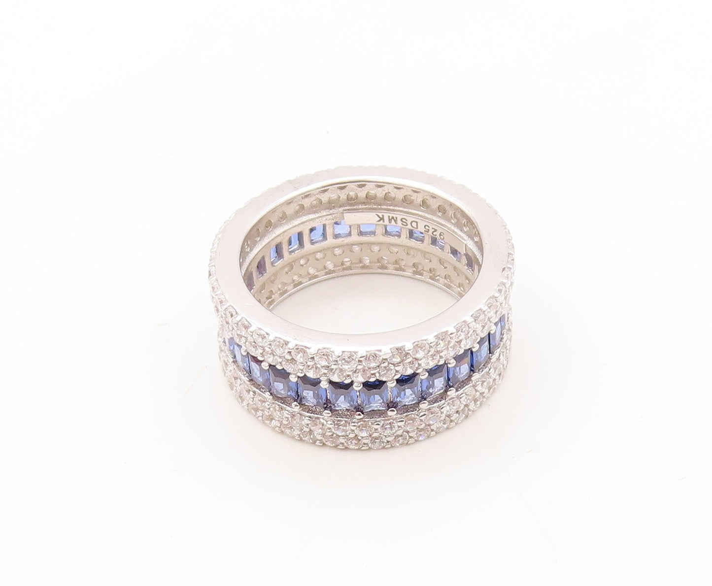 925 Sterling Silver Vintage Ring Rectangle Sapphire & CZ Bands  Sz 7.5  RG30913