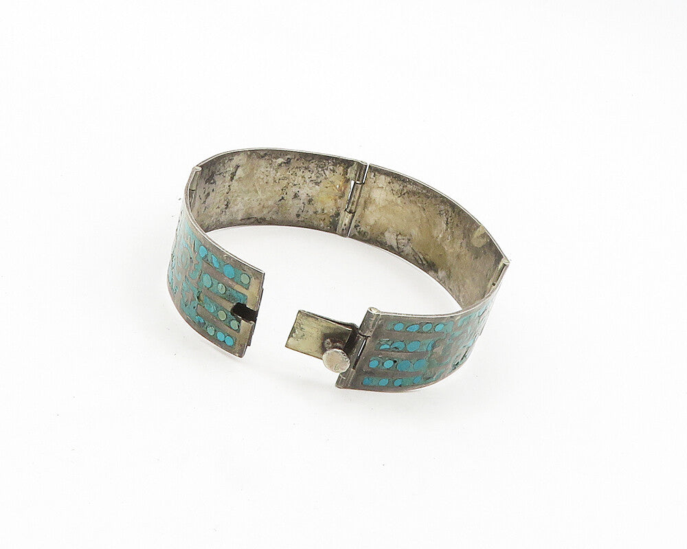 MEXICO 925 Silver  Vintage Antique Turquoise Panel Chain Bracelet  BT7509