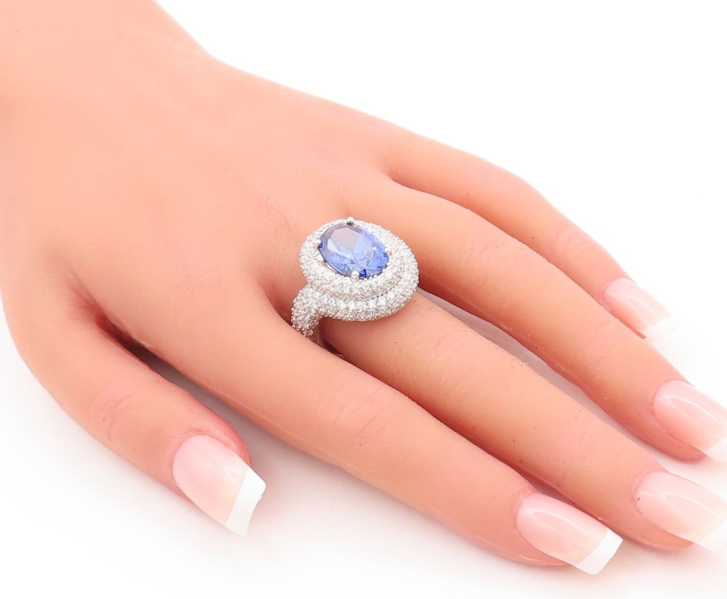 925 Sterling Silver Vintage Ring Designer Oval Sapphire Halo CZ Sz 7.5 RG29568