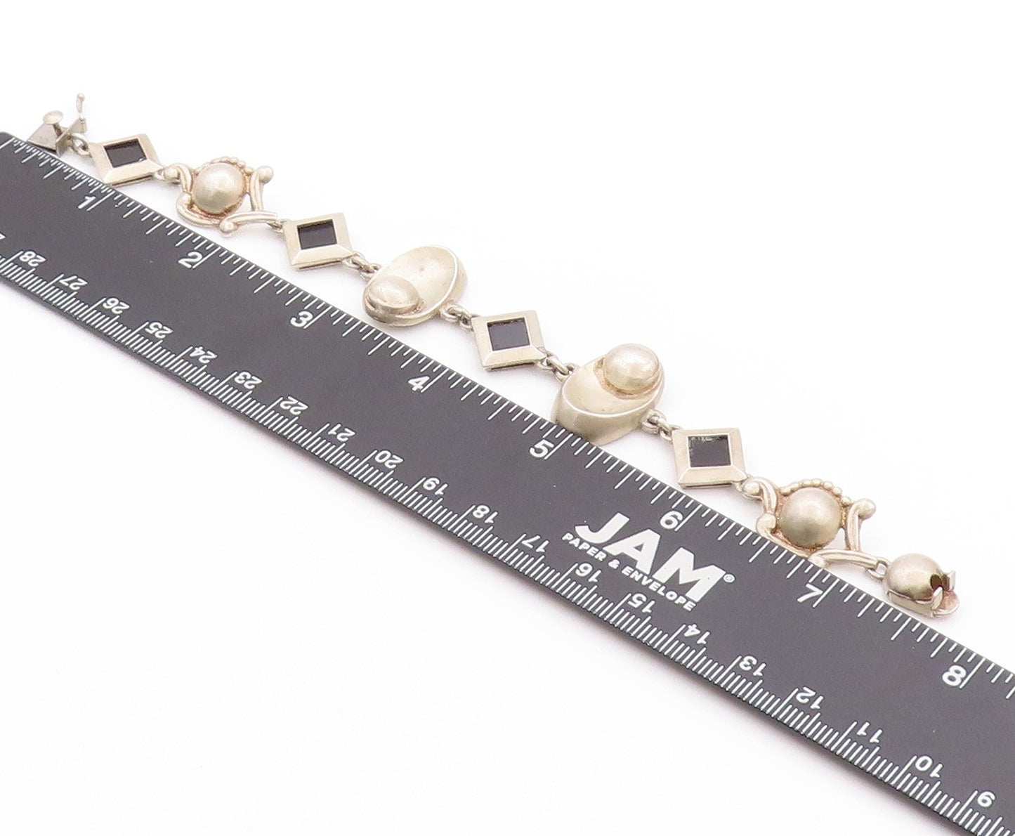 925 Sterling Silver Vintage Bracelet Square Onyx & Designer Sphere Links BT11253