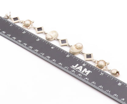 925 Sterling Silver Vintage Bracelet Square Onyx & Designer Sphere Links BT11253