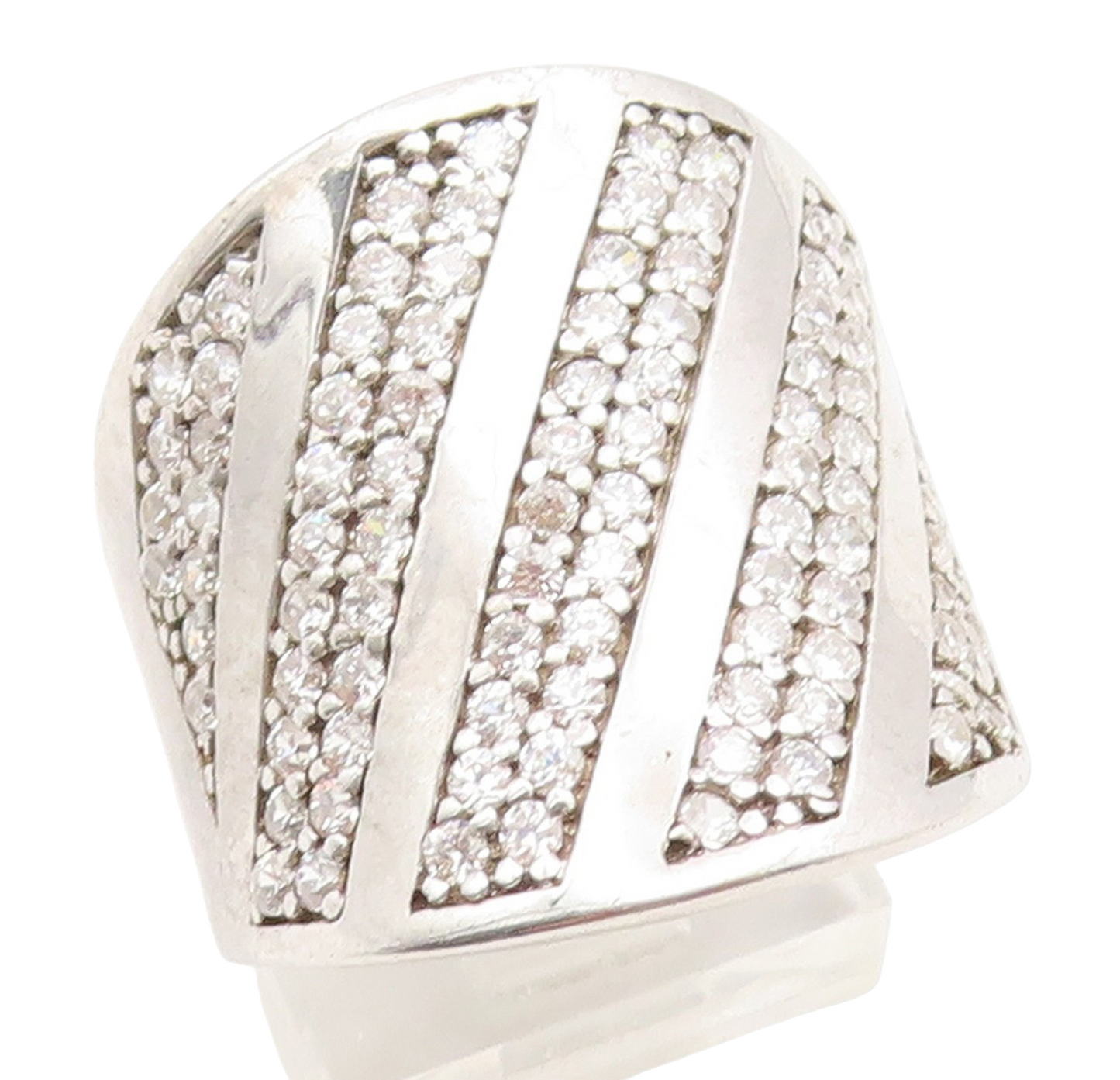 925 Sterling Silver Vintage Ring CZ Pave Diagonal Striped Wide Band Sz 8 RG35276