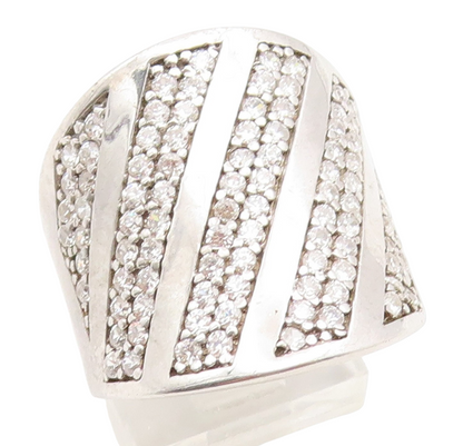 925 Sterling Silver Vintage Ring CZ Pave Diagonal Striped Wide Band Sz 8 RG35276