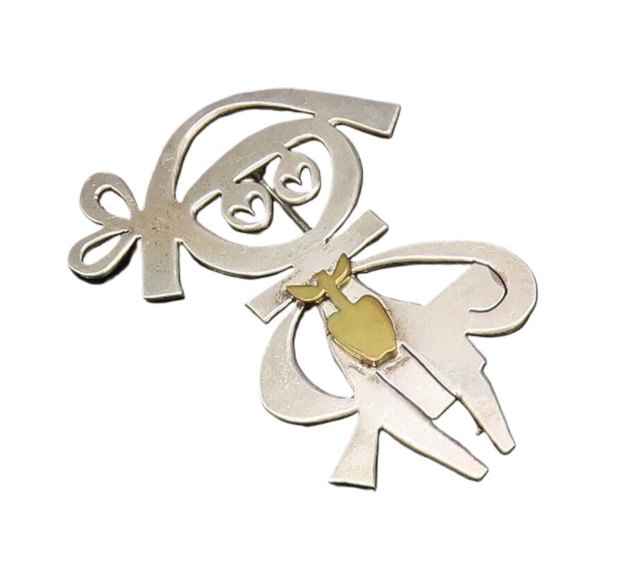 925 Silver  Vintage Two Tone Modernist Student With Apple Brooch Pin  BP9840