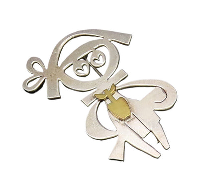 925 Silver  Vintage Two Tone Modernist Student With Apple Brooch Pin  BP9840