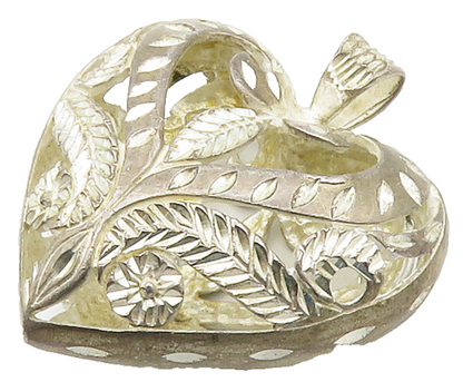 925 Sterling Silver  Vintage Shiny Etched Floral Love Heart Pendant  PT11982