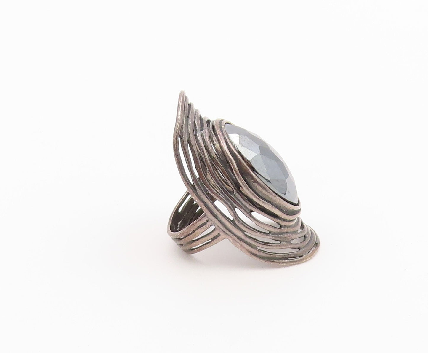 925 Sterling Silver Vintage Ring OR PAZ ISRAEL Faceted Hematite  Sz 5.5  RG36601