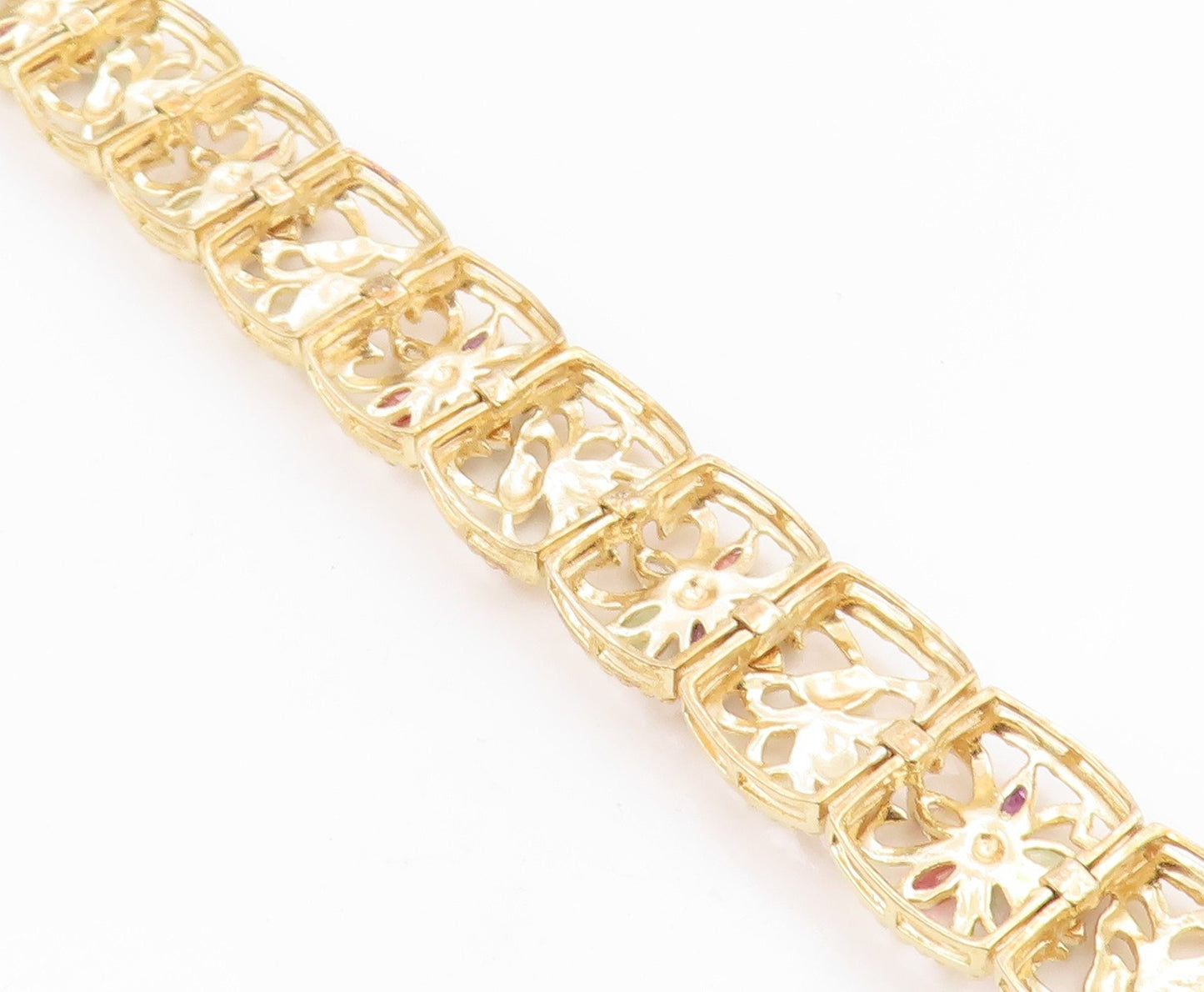925 Sterling Silver Vintage Bracelet Gold Plated Gemstone Floral Link  BT12076