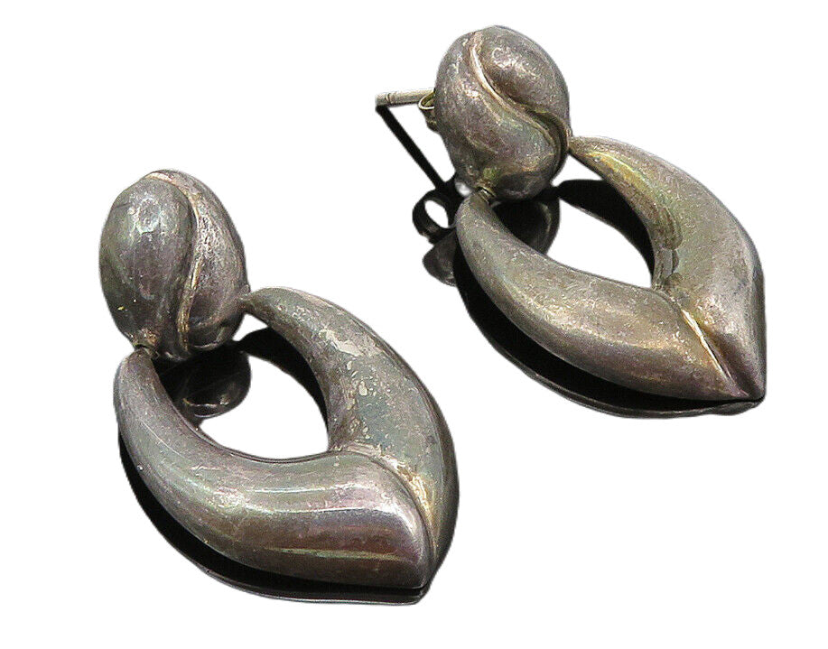 925 Sterling Silver  Vintage Dark Tone Smooth Hinge Drop Earrings  EG5785