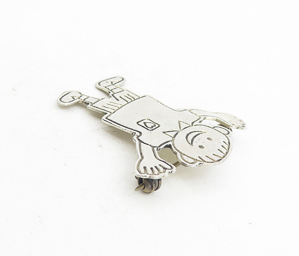 MEXICO 925 Sterling Silver  Vintage Etched Heart Happy Boy Brooch Pin  BP3044