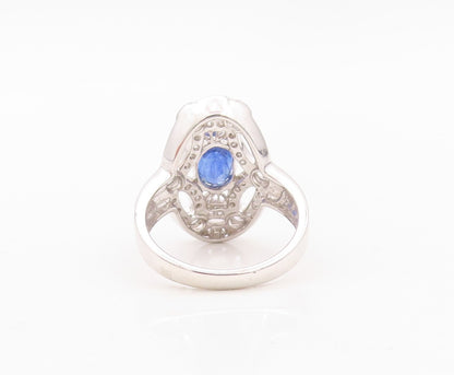 925 Sterling Silver Vintage Ring Oval Sapphire Web Cutout CZ Inlay Sz 7  RG30141
