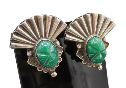 MEXICO 925 Silver  Vintage Carved Warrior Onyx Screw Back Earrings  EG12395