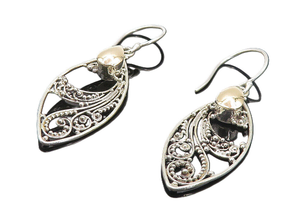 925 Sterling Silver & 18K GOLD  Vintage Two Tone Swirl Drop Earrings  EG3333