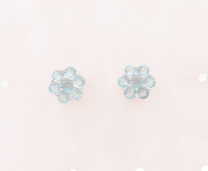 925 Sterling Silver Vintage Earrings Round Blue CZ Beaded Flower  EG12999