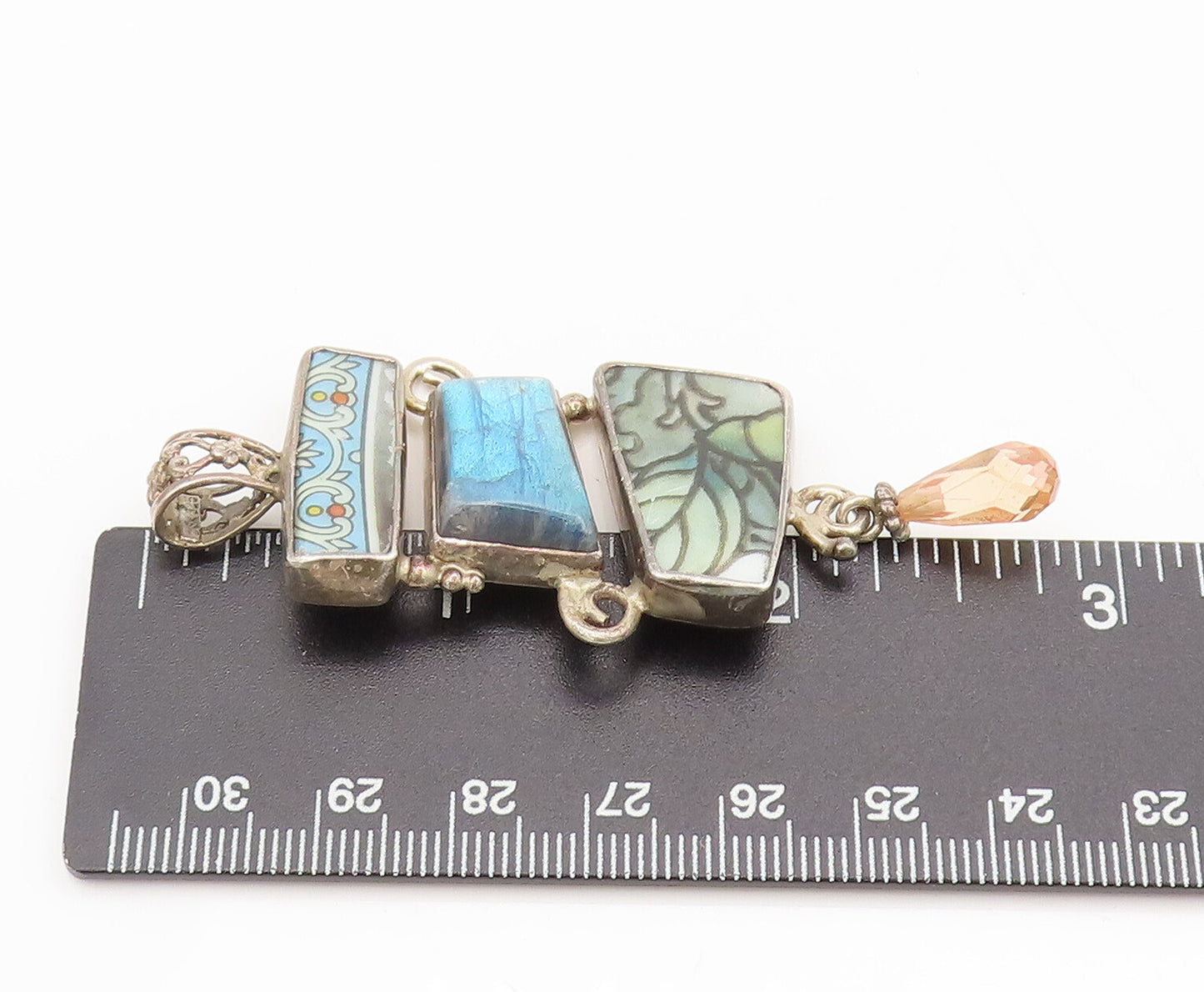 JACMEL 925 Silver  Vintage Designer Enamel Crystal Stone Drop Pendant PT22305