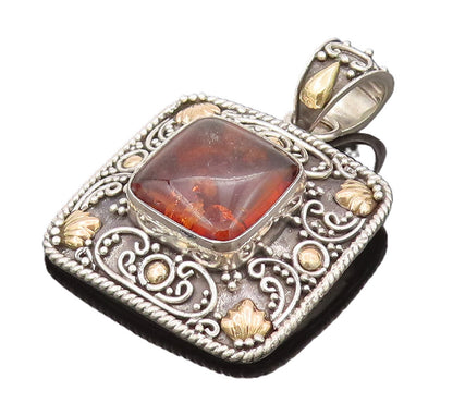 18k GOLD & 925 Silver  Vintage Square Bali Swirly Amber Pendant  PT22173
