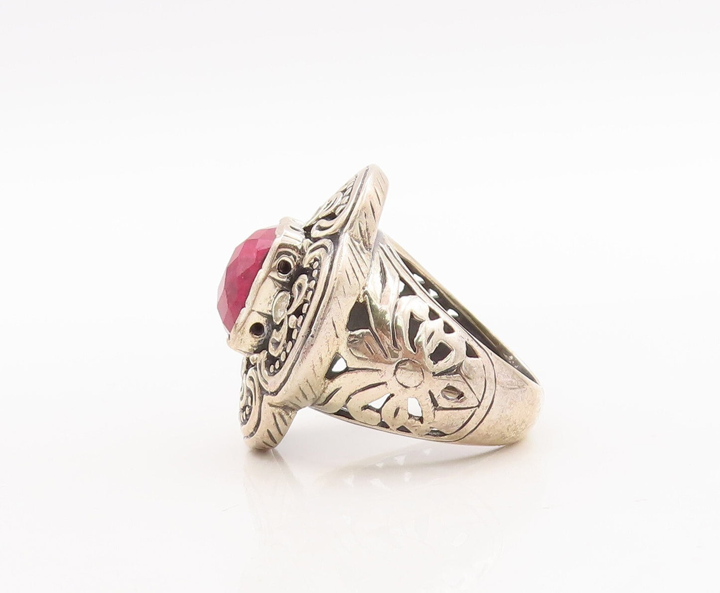 925 Sterling Silver Vintage Ring Swirly Carved Pink Gem & CZ Flower Sz 7 RG29175