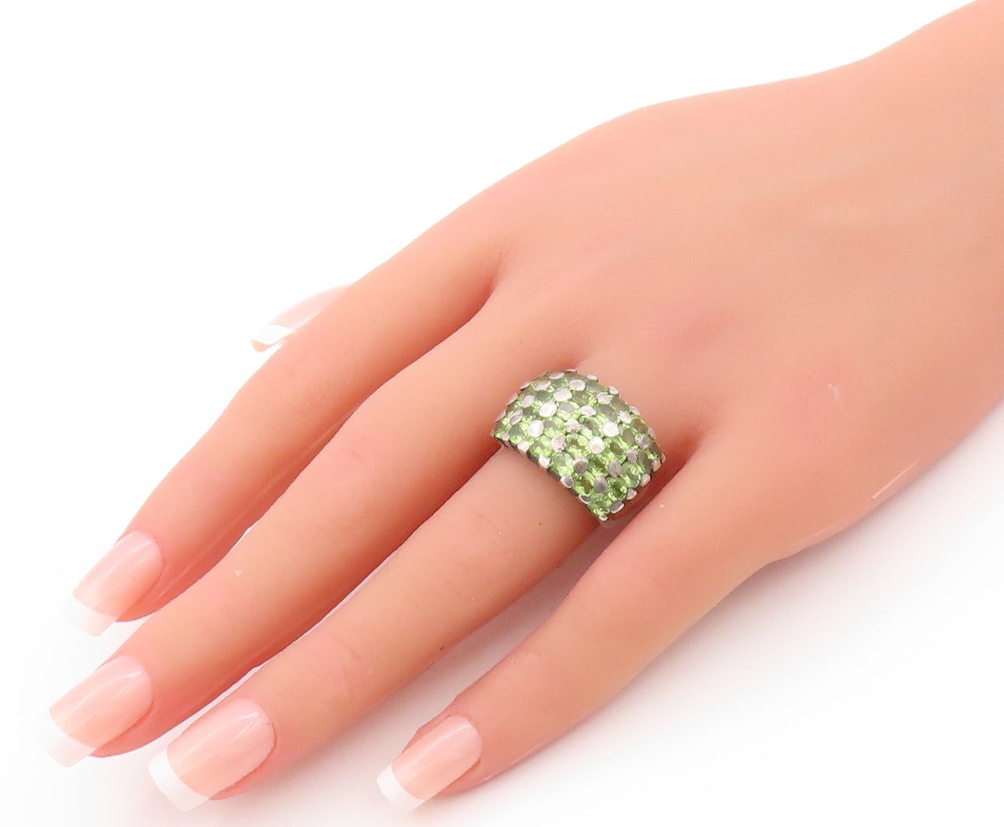 925 Sterling Silver Vintage Ring Oval Cut Peridot Inlay Broad Band Sz 6  RG32790