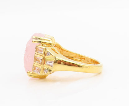 925 Sterling Silver Vintage Ring Gold Plated Carved Rose Quartz  Sz 10  RG34172