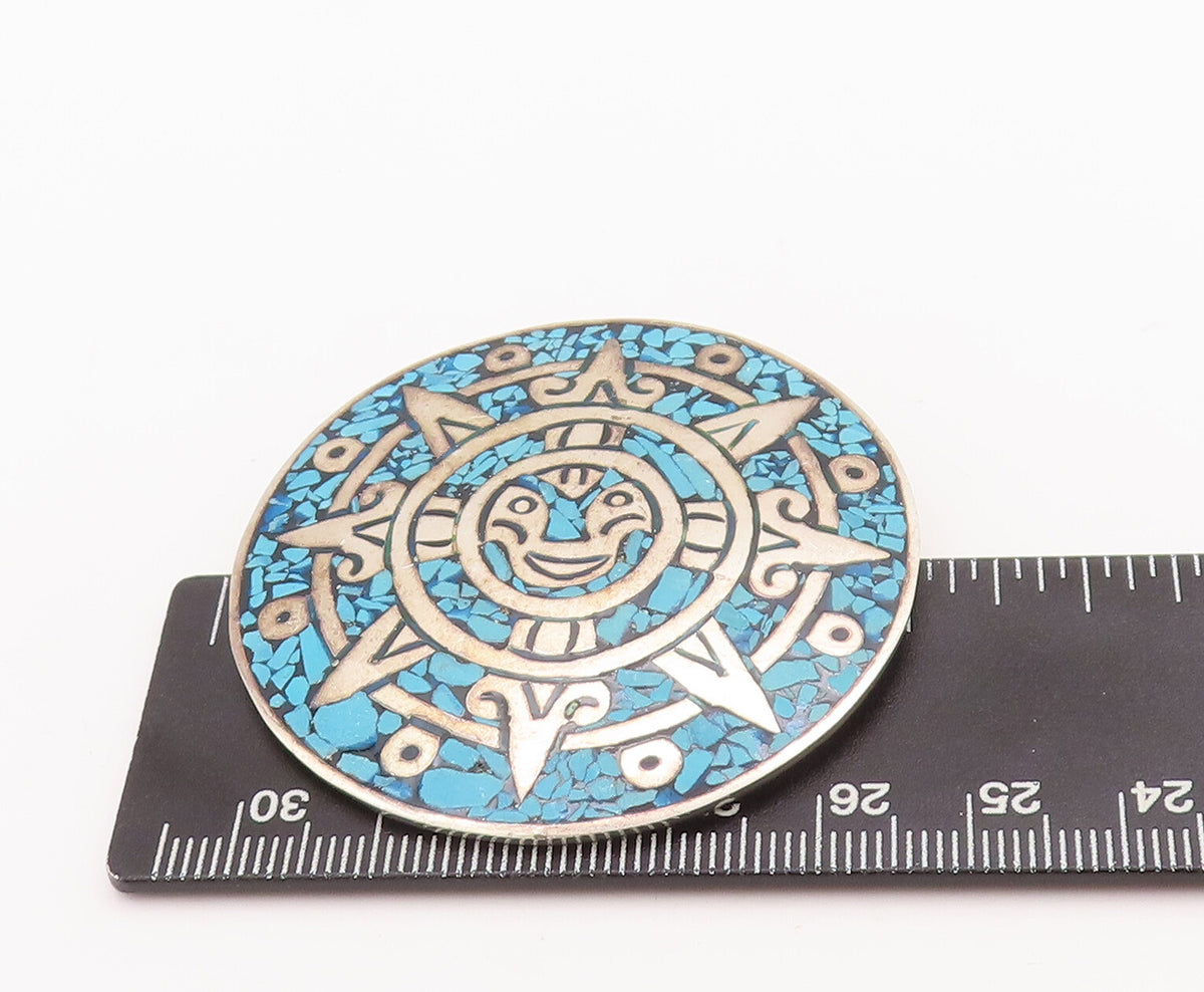925 Sterling Silver Vintage Brooch Pin MEXICO Crushed Larimar Celtic Sun BP11055