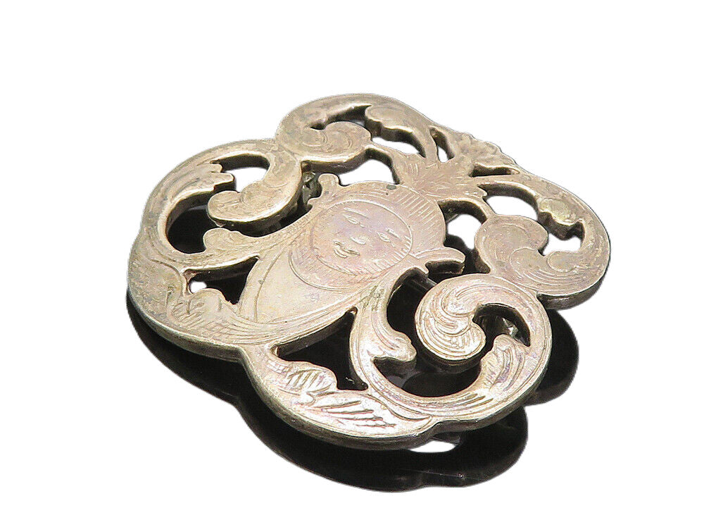 925 Sterling Silver  Vintage Dark Tone Etched Face Swirl Brooch Pin  BP2992